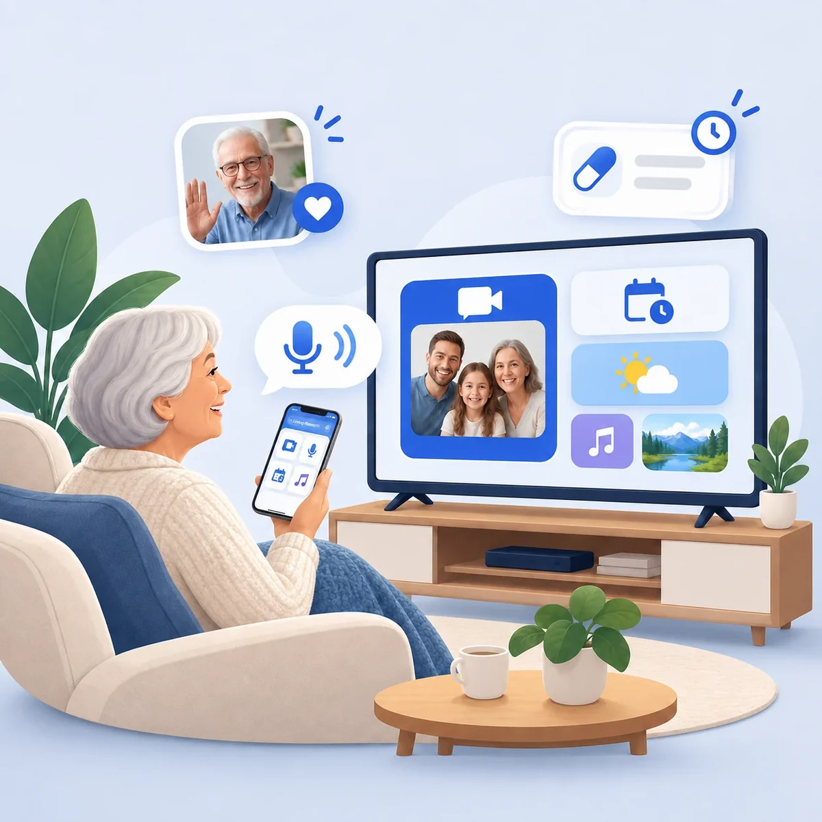 CareTV concept: simple phone grid, voice interaction, reminders, communication, media, and a familiar television.